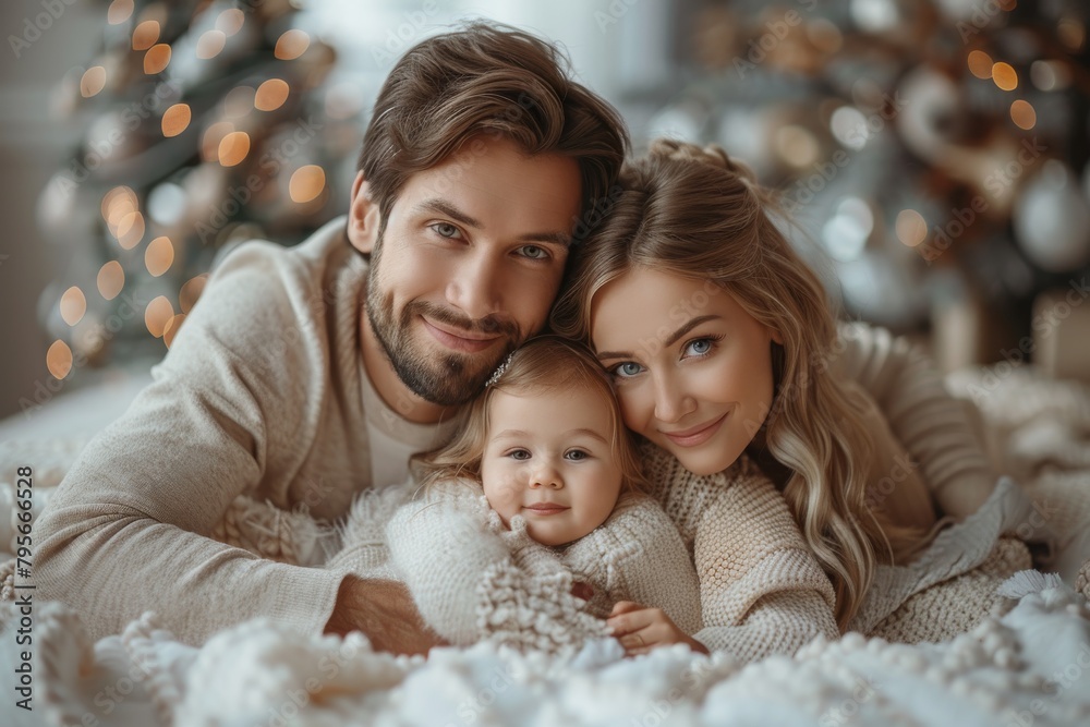 Content family with a baby in a festive setting with holiday decorations