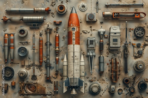 Disassembled space rocket parts with full missile in the center of image. Layout image related to space, technology, repair, support, diagnostic, flights.
