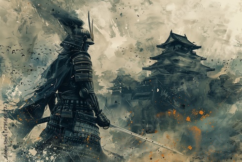Samurai warrior in battle stance against ancient temple photo