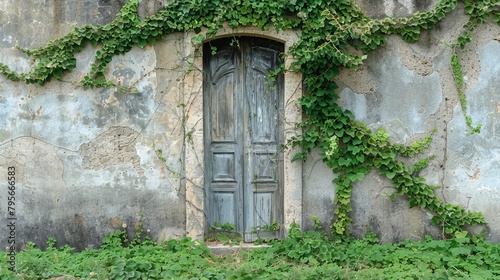 old antique door on concrete wall with green plants rustic vintage architecture photo