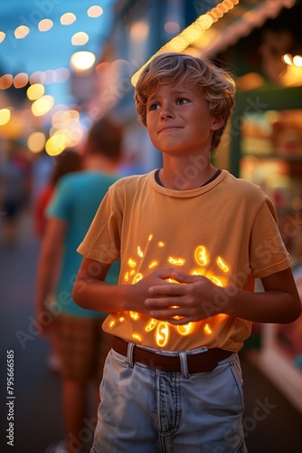 Boy has got a stomachache standing at steet near cafe. Bellyaching young man with enteric infection close up portrait.  photo