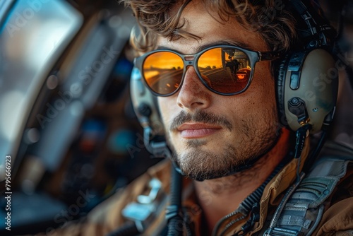 A detailed shot of a futuristic pilot in full gear with a reflection in visor suggesting high-tech advancement