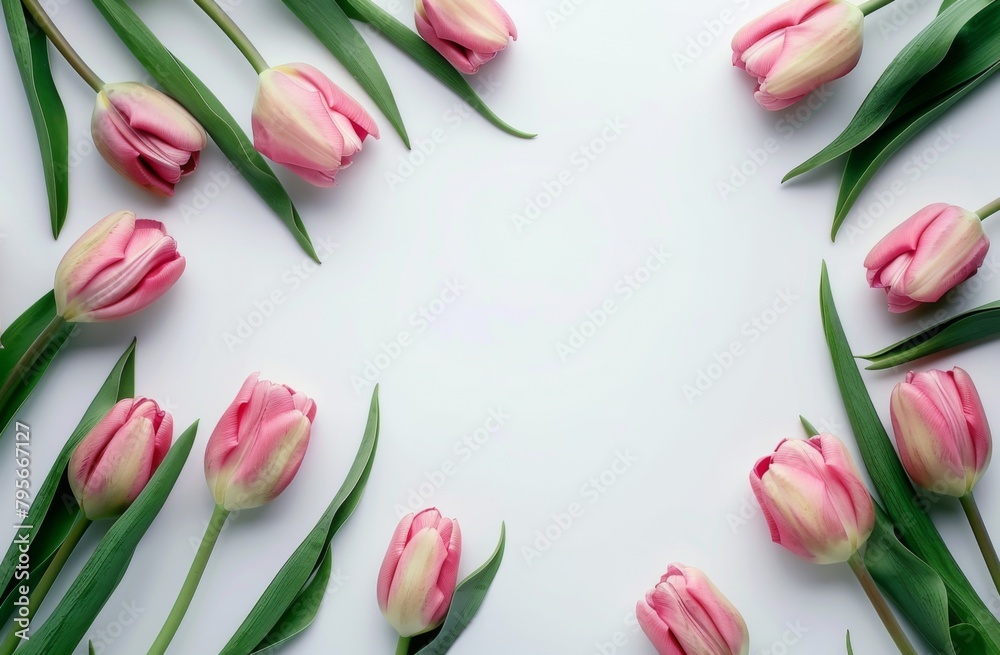 white background with pink tulips, an elegant and minimalistic floral frame for text or image white background with pink tulips, an elegant and minimalistic floral frame for text or image