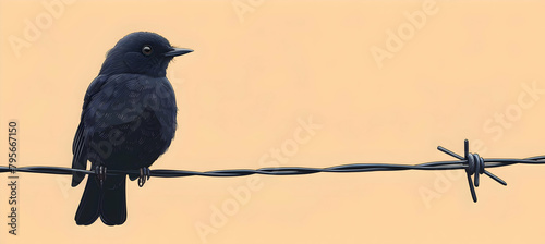 A minimalist drawing of a small bird perched on a telephone wire photo