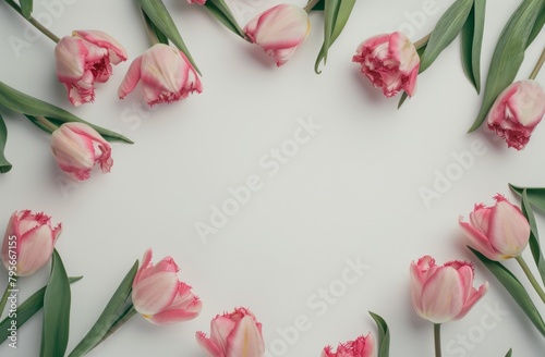 white background with pink tulips, an elegant and minimalistic floral frame for text or image