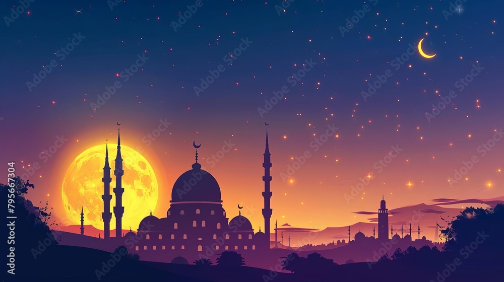 ramadan nights silhouette of a muslim mosque and moon in the night sky festive vector illustration