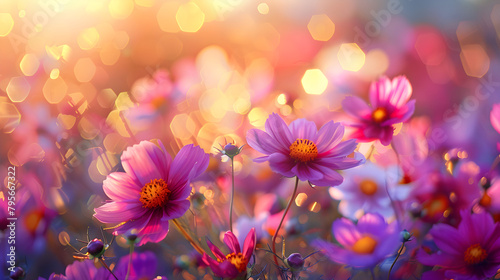 A beautiful field of colorful cosmos flowers in a meadow, basking in the sunlight of summer/spring. The close-up macro shot captures the vibrant and picturesque scenery with a soft focus. © NE97