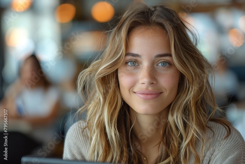 Natural portrait of a young woman with a captivating smile and light blue eyes, exuding happiness