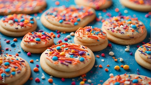 Type of Image: Artistic Image, Subject Description: An artistic representation of frosted sugar cookies with colorful sprinkles, Art Styles: Abstract expressionism, Art Inspirations: Contemporary food © Sabir