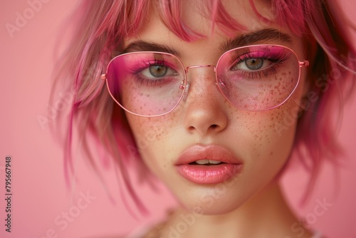 Close-up of a young woman with magenta hair, rosy circle glasses on a pink background