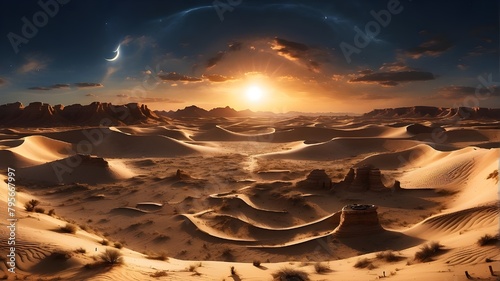 Type of Image: Artistic Image, Subject Description: An artistic representation of a solar eclipse in the desert, Art Styles: Surrealism, Art Inspirations: Cosmic art, Camera: Overhead view, Shot: Pano photo