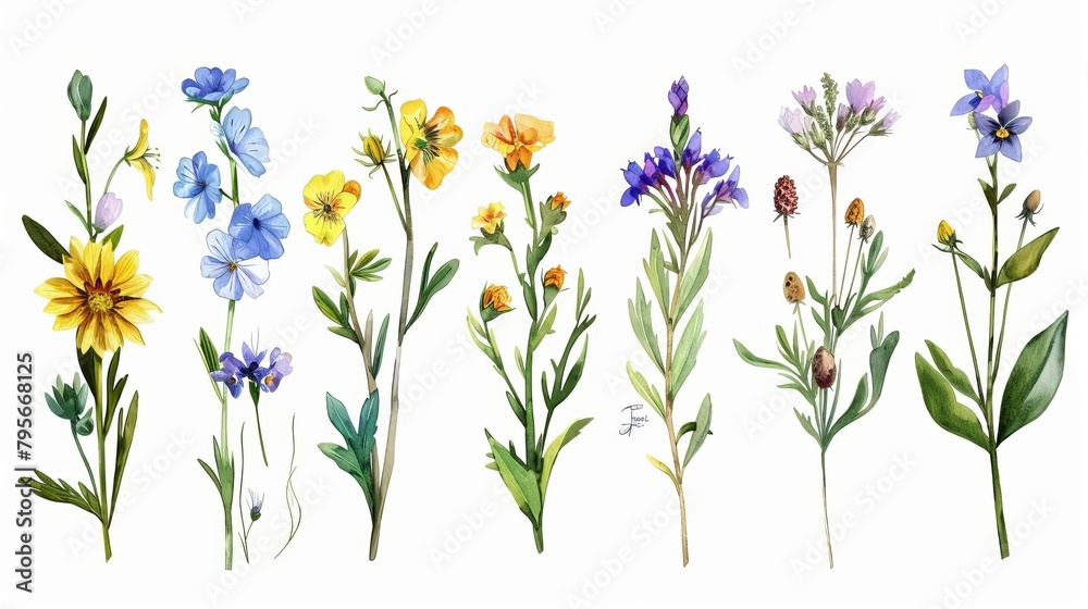 set of watercolor wildflowers isolated on white background floral illustration