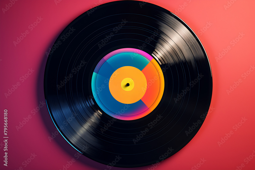 Black record on pink and red background Black record on pink and red background