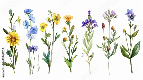 set of watercolor wildflowers isolated on white background floral illustration