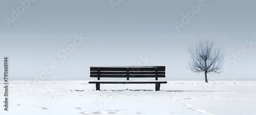 A minimalist drawing of a single snow-covered bench in a park