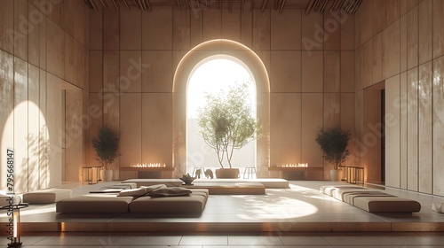 a serene digital scene where timber and clay architecture coexist  utilizing Vray to enhance the soft lighting and calming colors  creating a contemplative 