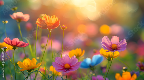 Beautiful field of colorful cosmos flowers in a meadow in nature basked in sunlight. A picturesque and colorful artistic close-up macro shot with a soft focus.