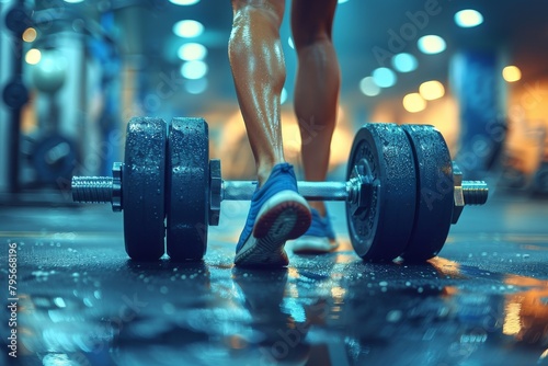 A close-up of a sweat-drenched athlete's legs next to heavy barbell weights in a moody gym atmosphere, highlighting determination