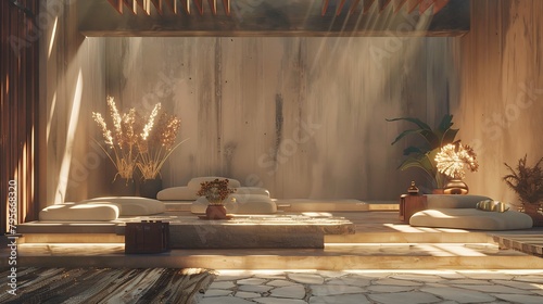 a serene digital scene where timber and clay architecture coexist, utilizing Vray to enhance the soft lighting and calming colors, creating a contemplative  photo