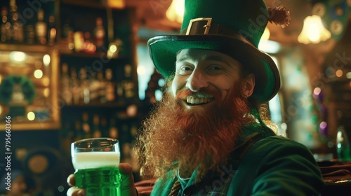 smiling leprechaun with green ale in bar st patricks day card photo