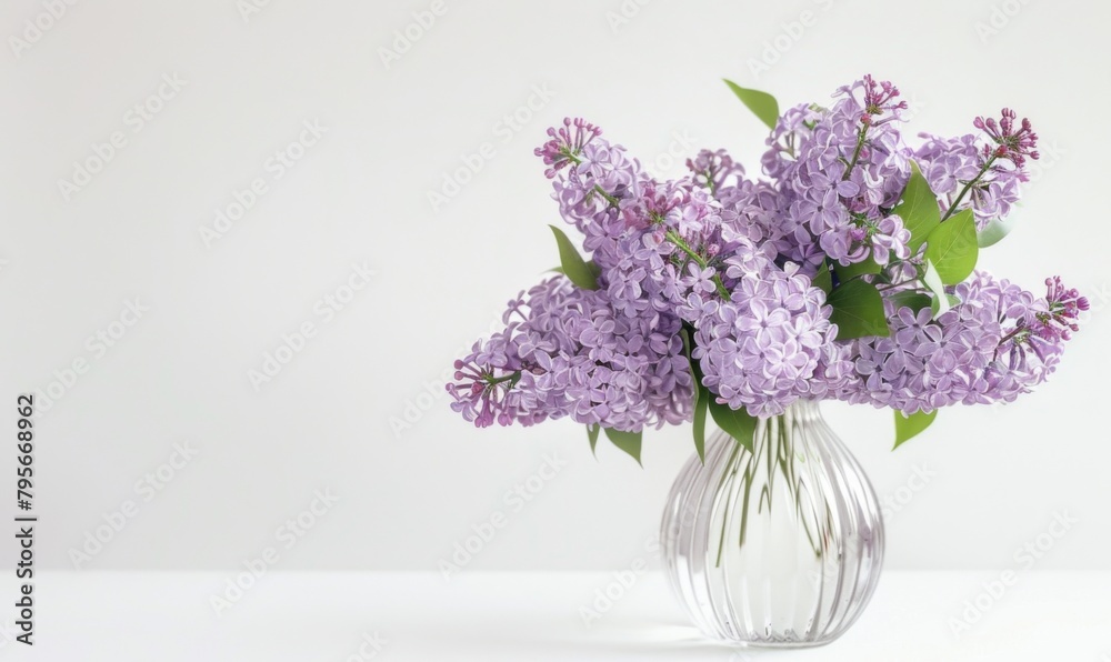 Minimalist white background with purple lilac flowers in a vase
