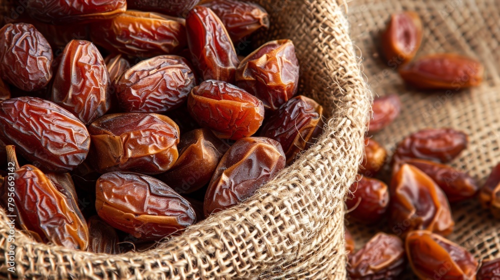 Obraz premium Dates in a hessian sack on a table