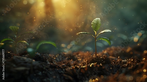 vitality of nature with a cinematic shot of a seedling pushing through the earth, illuminated by soft, natural light.