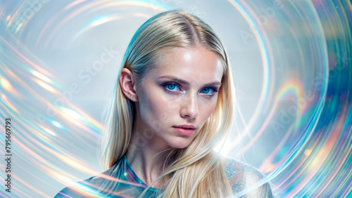 Beautiful female model in holographic clothes
