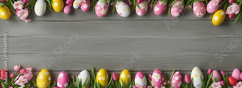 tulips and eggs Wooden Plank Easter Background #795669980