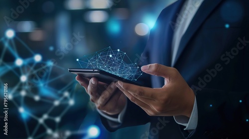 Fototapeta Naklejka Na Ścianę i Meble -  hand with smart phone and financial charts - neo banking 