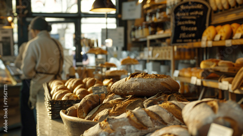 the aroma of freshly baked bread wafting through a bustling bakery photo