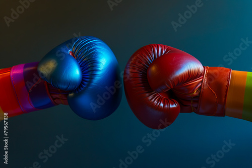 Two boxing gloves are facing each other. © VISUAL BACKGROUND