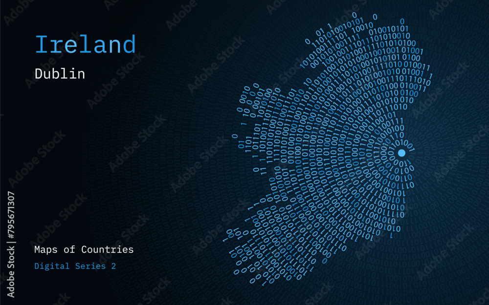 Naklejka premium A map of Ireland depicted in zeros and ones in the form of a circle. The capital, Dublin, is shown in the center of the circle
