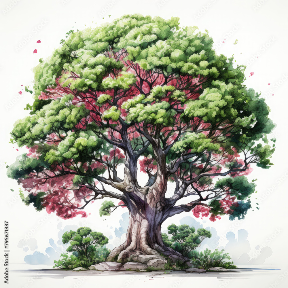 Watercolor Topiary Tree Illustration, Generative Ai