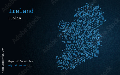 A map of Ireland depicted in zeros and ones in the form of a circle. The capital, Dublin, is shown in the center of the circle