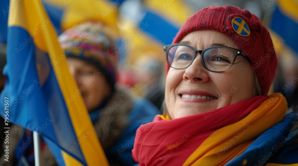 Woman in winter clothes holding a Swedish flag at a public event. National pride and unity concept for banner design.