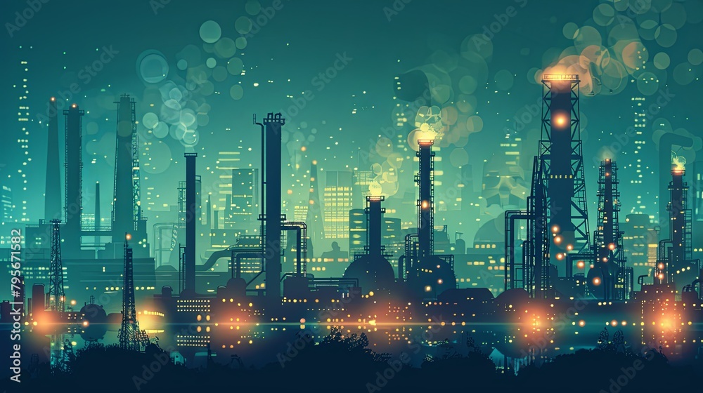 Illustrated night scene of industrial refinery emitting smoke with city lights in the background.