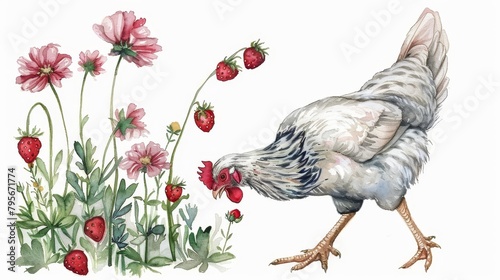 Wallpaper Mural  Chicken amongst pink-red strawberry flowers Chicken pecks at strawberries; background, pink and red blossoms Torontodigital.ca