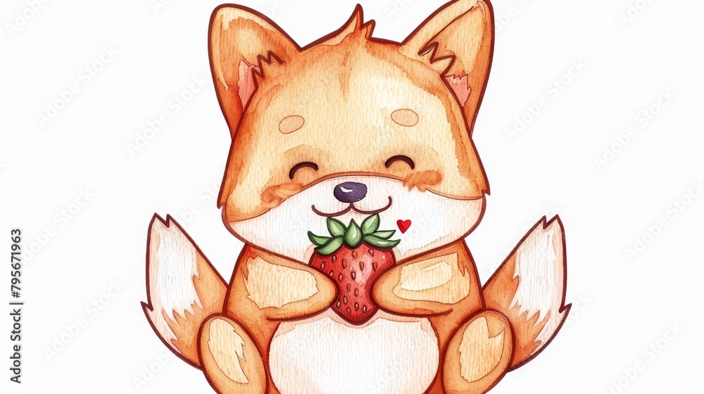 Fototapeta premium A fox holding a strawberry in its mouth and a heart in its paws