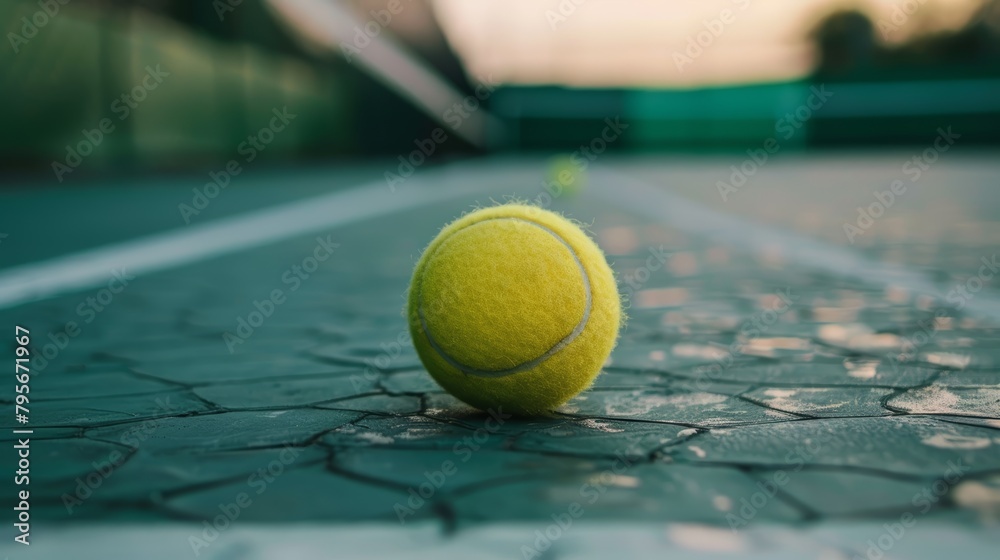 Tennis ball on cracked blue court surface.