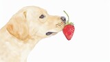  Dog Savoring Strawberries - Watercolor..Subtitle: A watercolor depiction of a joyful dog, nosely appreciating the aroma of