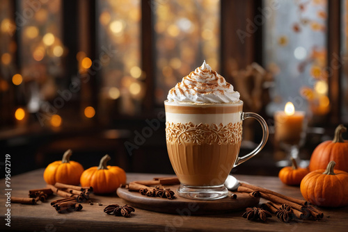 Pumpkin latte with spice topped with whipped cream and cinnamon in a glass mug, generated AI photo