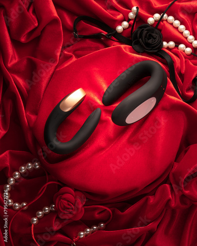 Set of Stylish black vibrators and colorful silicone anal plugs arranged on red satin with flowers and pearls. Artfully presented collection of elegant intimate wellness devices. Sex toys for adults