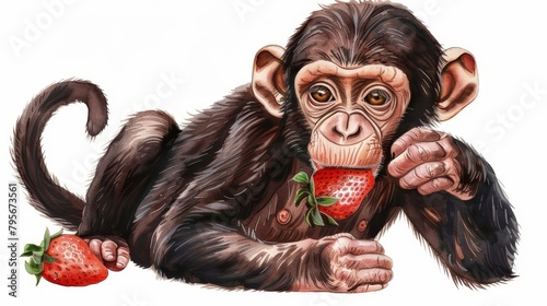   A chimpanzee depicting one hand holding a strawberry and the other hand consuming it © Nadia