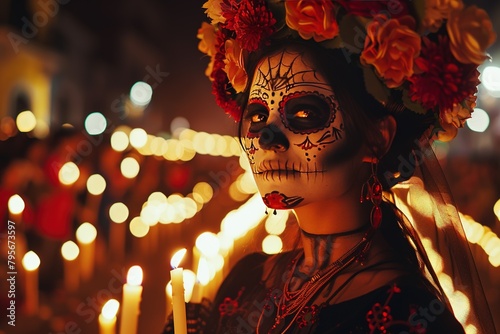 Medium shot of a woman in Day of the Dead face paint and costume at a Day of the Dead night parade in Mexico.