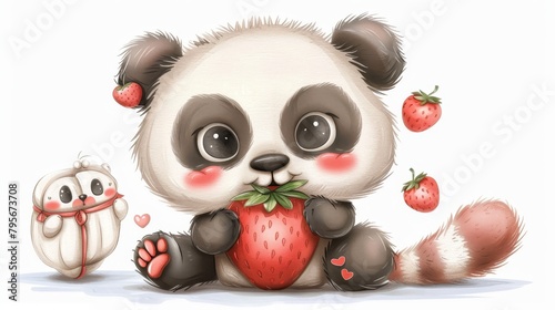   A panda bears one strawberry in mouth  adjacent  another pandas same ..Or  for a more descriptive version ..Two panda