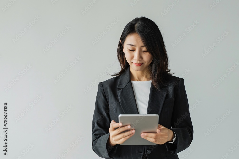 A cheerful young Asian woman, dressed in a suit, using a digital tablet with a professional demeanor. Isolated on a light background A cheerful young Asian woman, dressed in a suit, using a digital tablet with a professional demeanor. Isolated on a light background