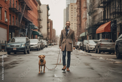 Young man walking the dog on the leash in the city