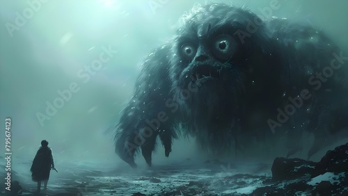 A man approaches a large shaggy monster with big eyes in darkness. Concept Fantasy Encounter, Mysterious Beast, Nighttime Adventure photo