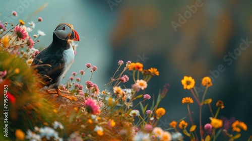 Atlantic Puffin, (Fratercula arctica) cliff top Hebidish Coas, Photo of a Puffin bird in Iceland, during the summer, beautiful nature with daisies with a blue sea and flowers, natural background.